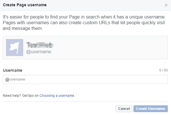 Facebook Page Create Username Dialog