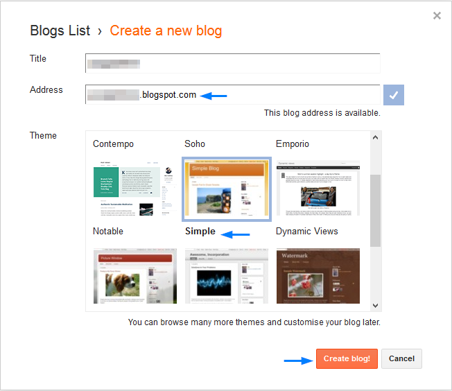 Google Blogspot Create Blog Popup