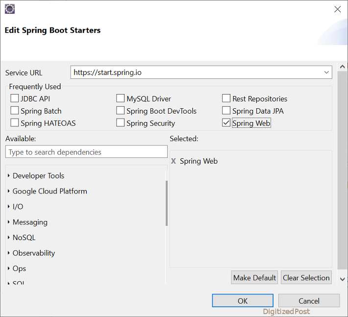 Eclipse sts spring starter project dependencies web
