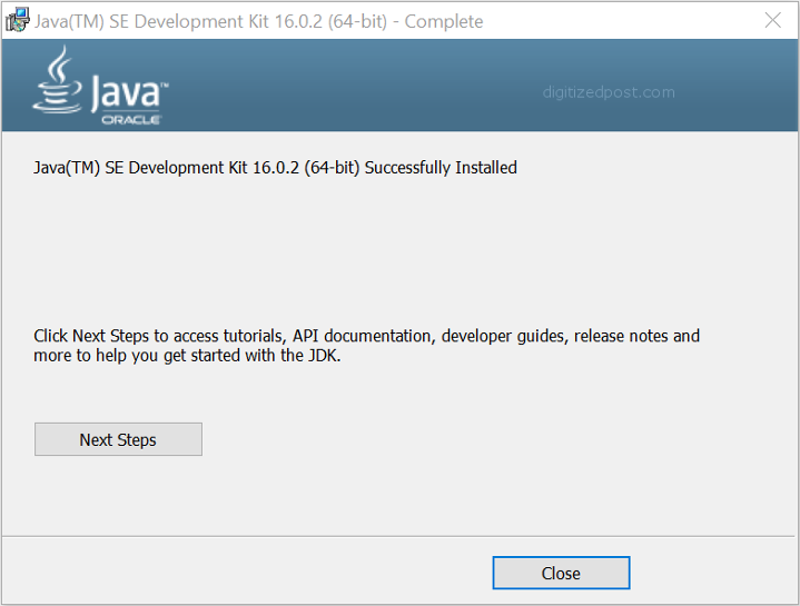 JDK setup successfully complete step
